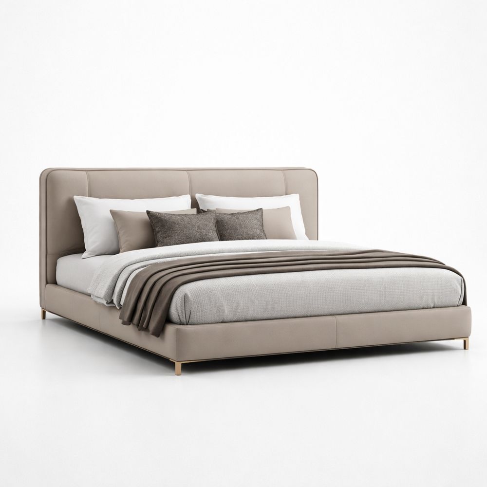 Beige faux leather platform bed with upholstered headboard and wooden legs-Dravimorax