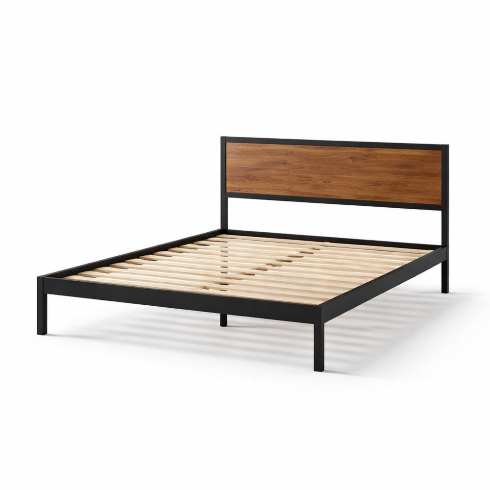 Black metal and wood bed frame with headboard-Dravimorax