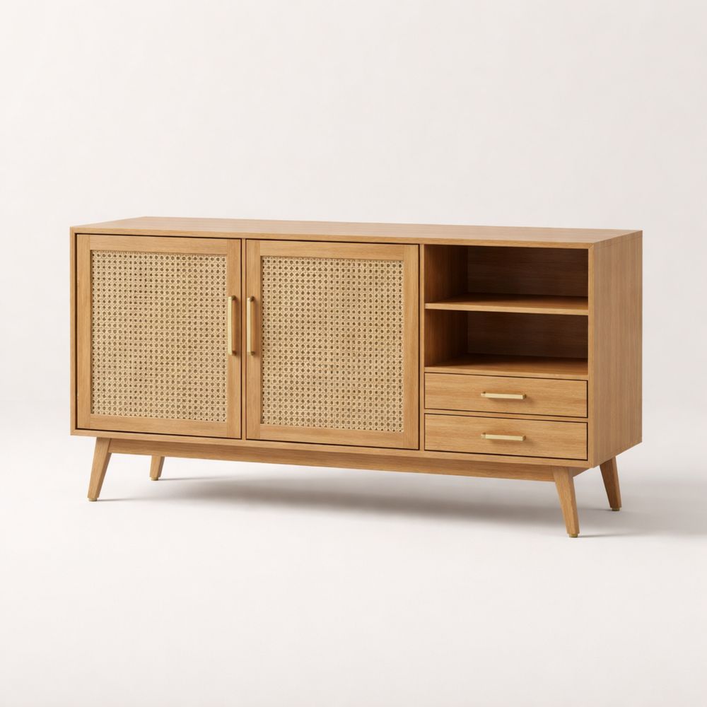 Oak Wood Sideboard with Cane Doors and Shelves-Dravimorax