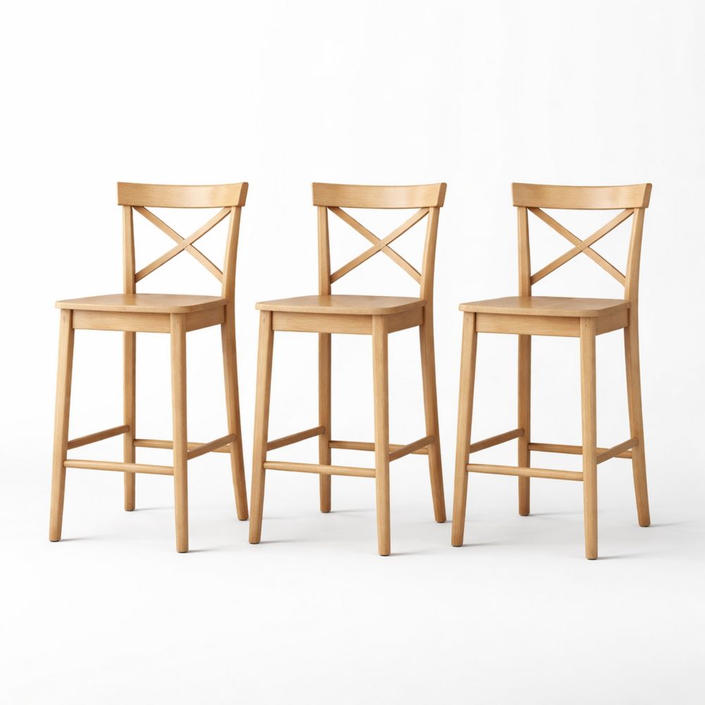 Wooden Bar Stools Set with Cross Back Design, Light Brown-Dravimorax