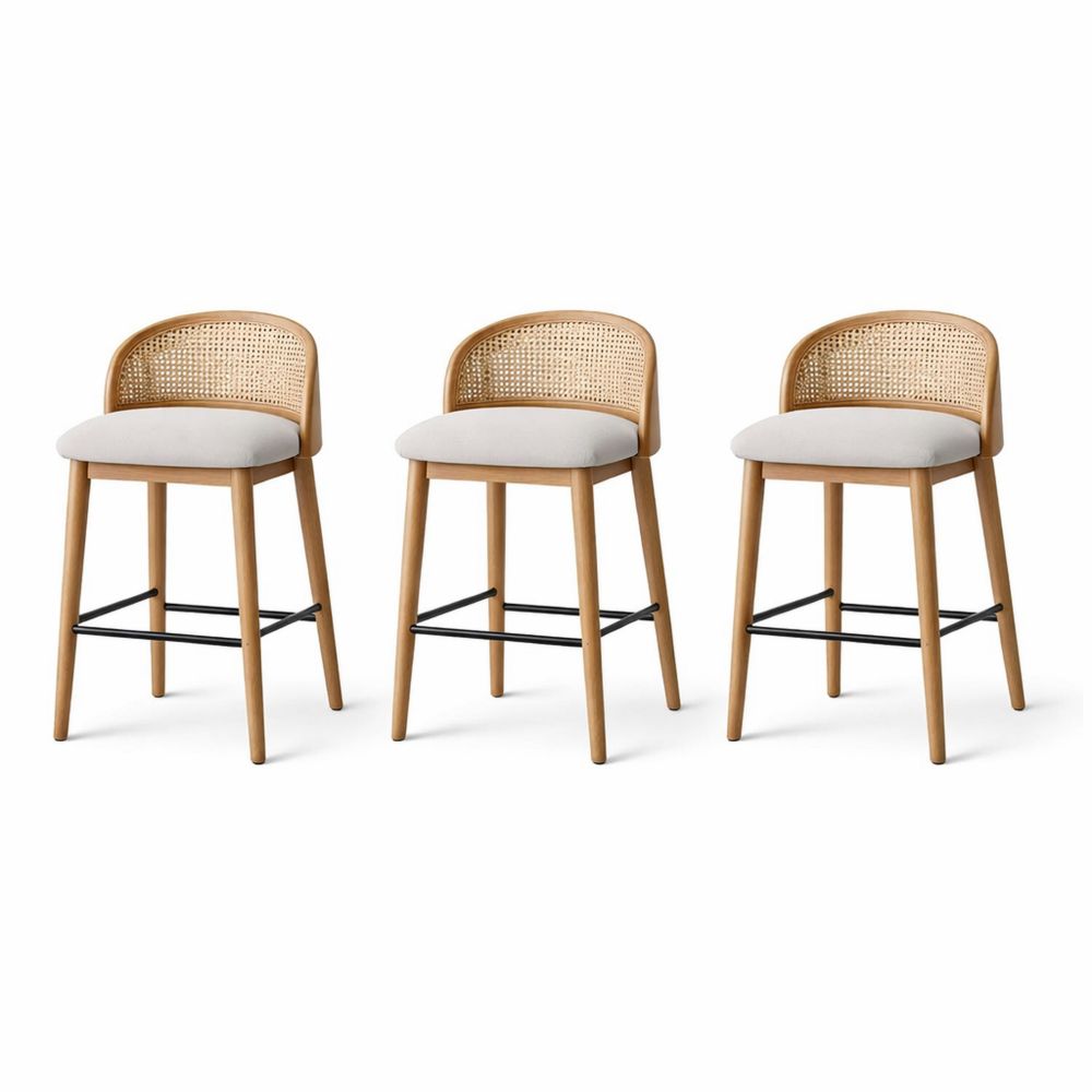 Set of 3 Oak Wood and Rattan Bar Stools with Fabric Seat-Dravimorax