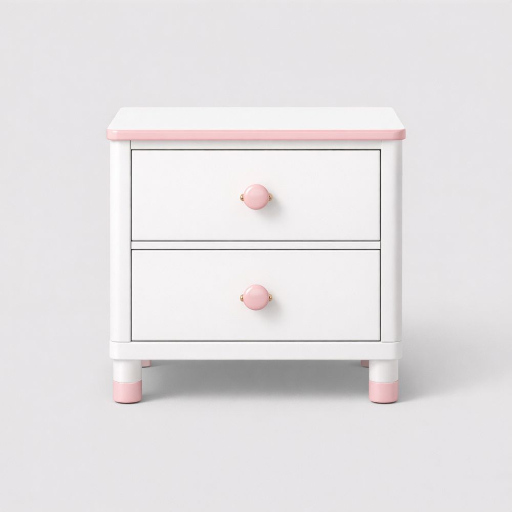 White and Pink MDF 2-Drawer Nightstand with Round Handles-Dravimorax