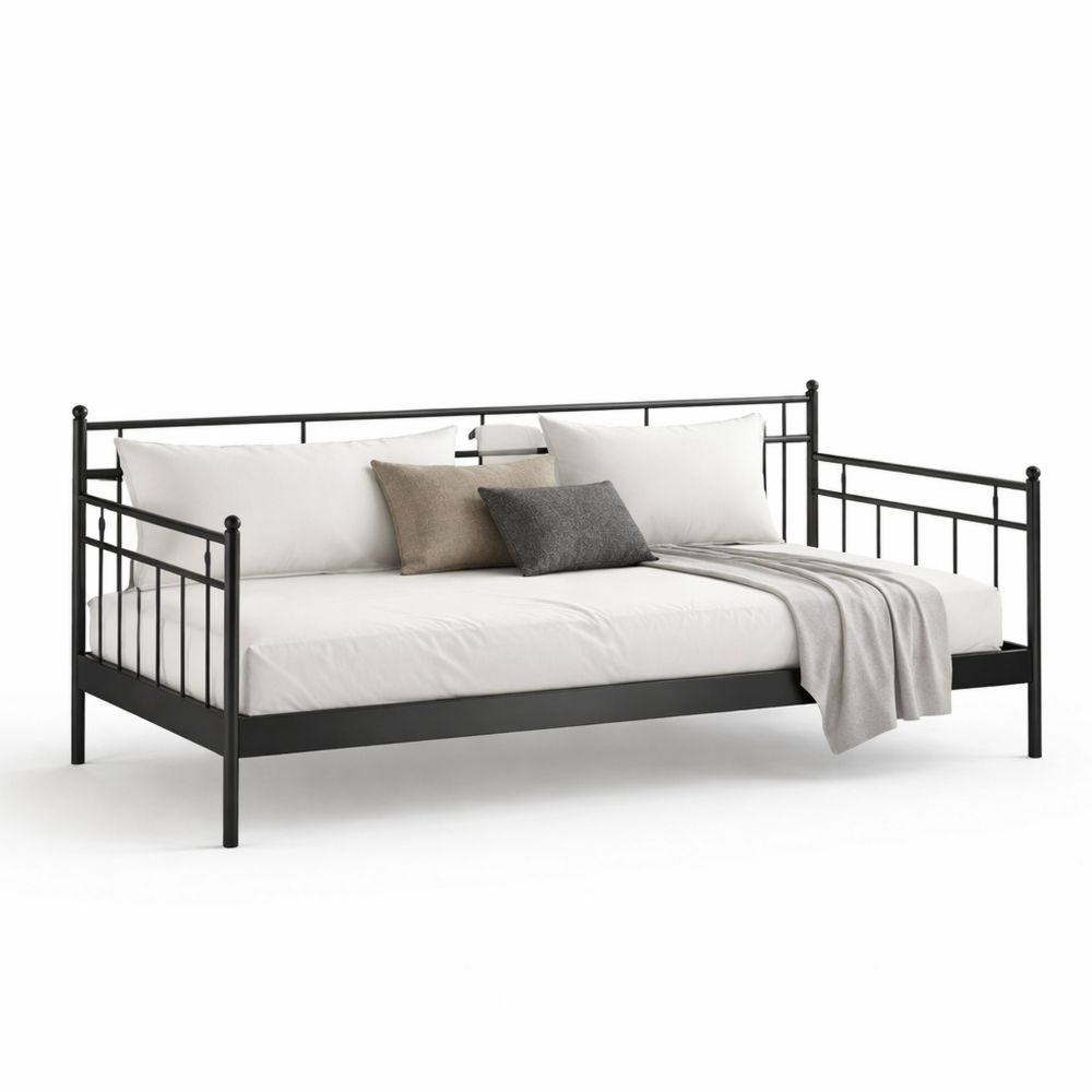 Black Metal Daybed with Slatted Design and Mattress-Dravimorax