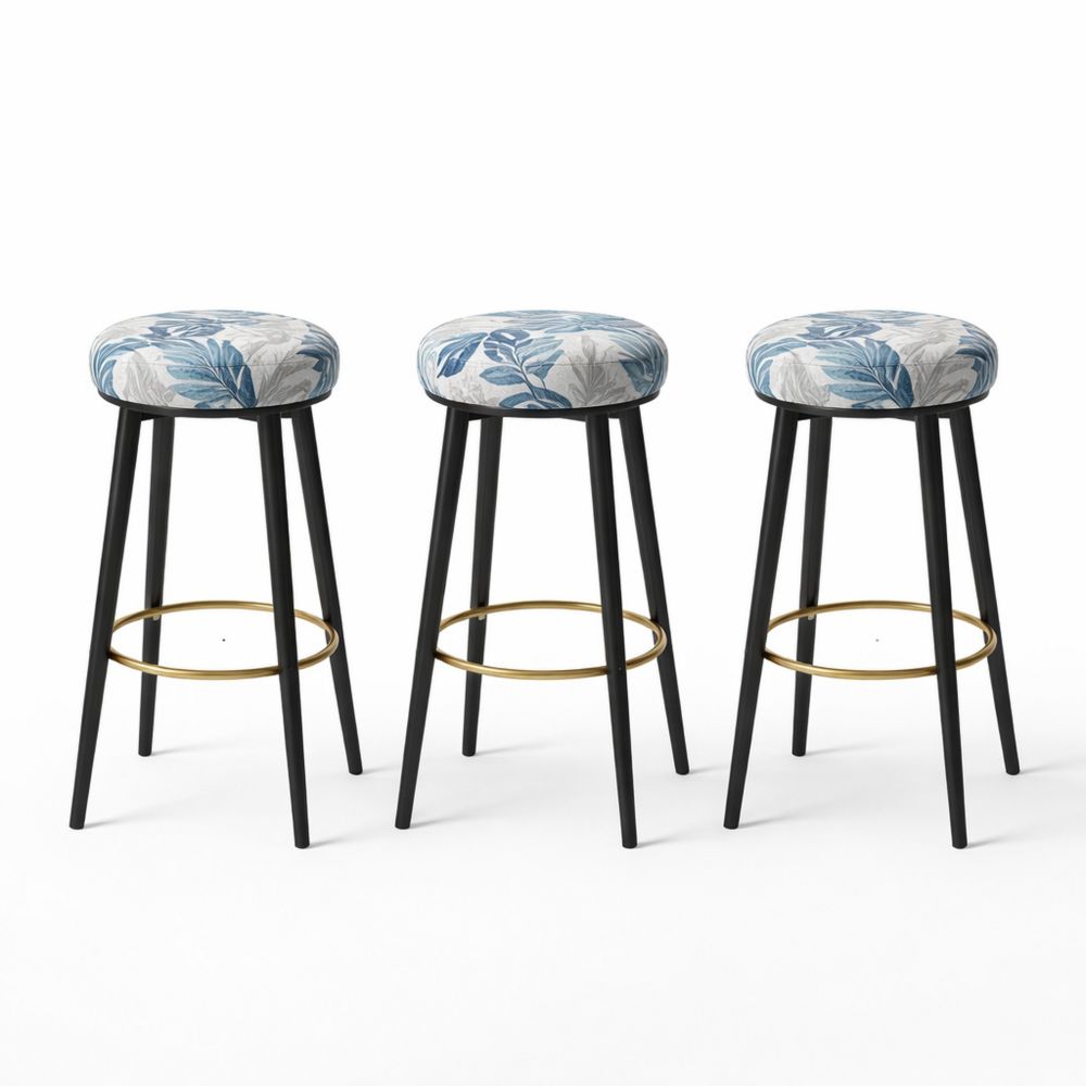 Set of 3 Barstools with Black Metal Legs and Blue/Gray Floral Upholstery-Dravimorax