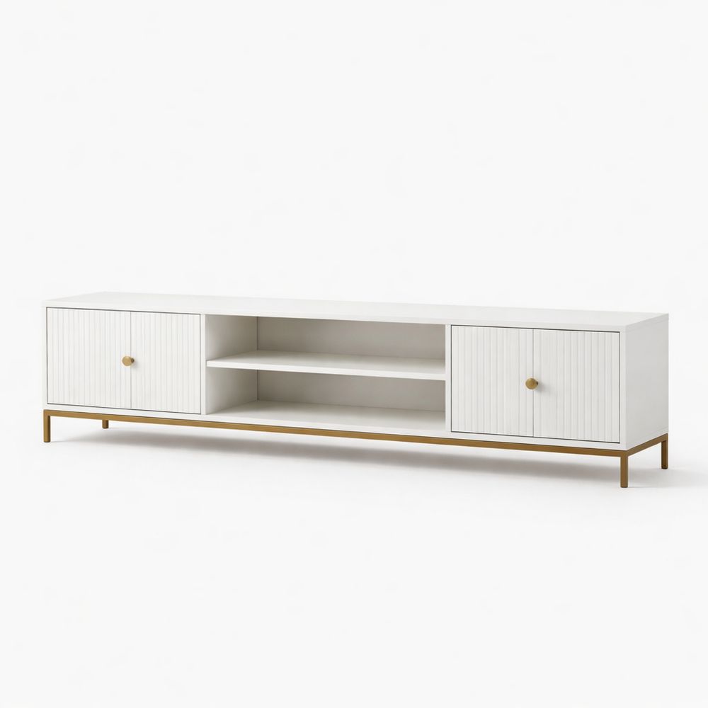 White Wood TV Stand with Gold Accent and Doors-Dravimorax