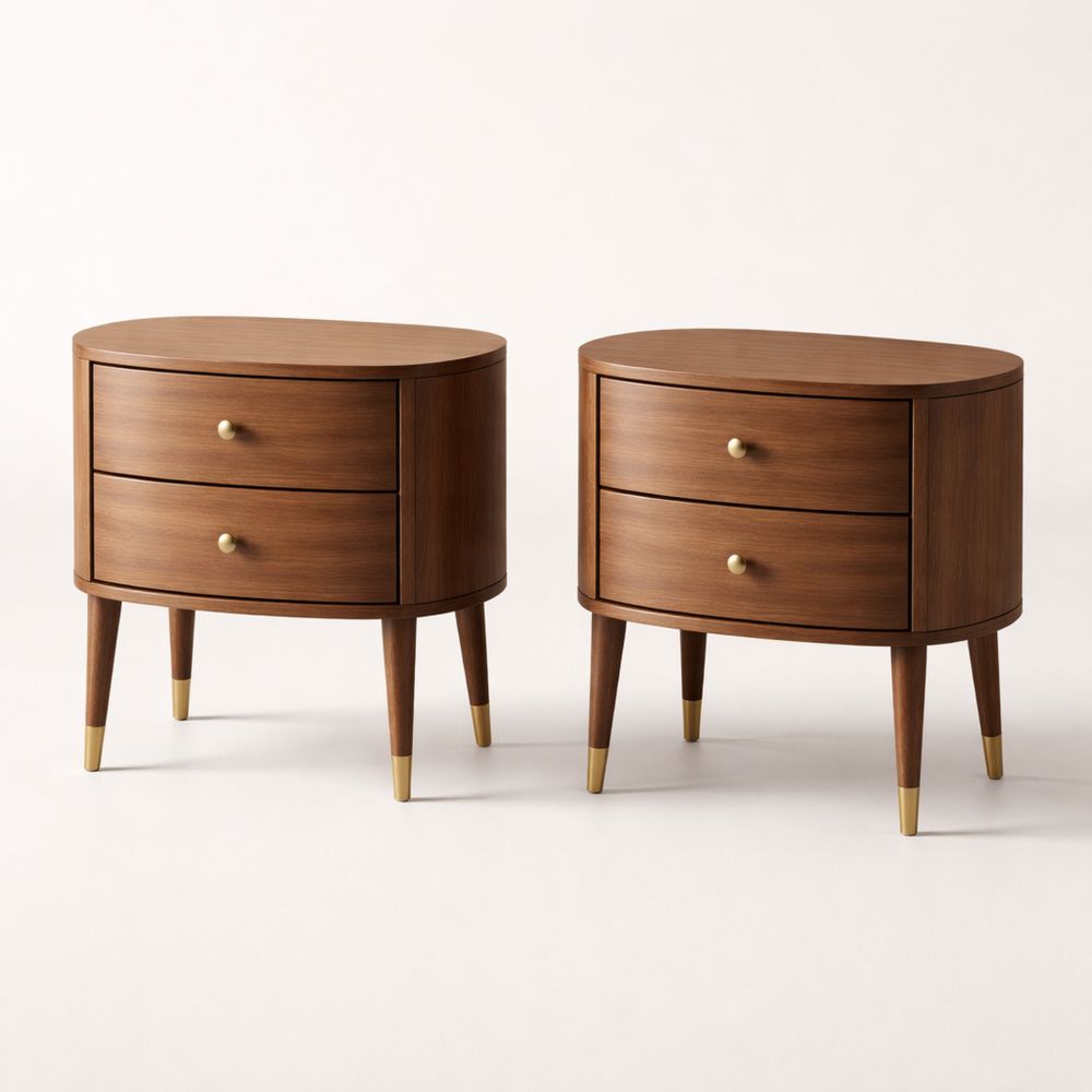 Walnut Oval Two-Drawer Wooden Nightstand Set with Gold Accents-Dravimorax