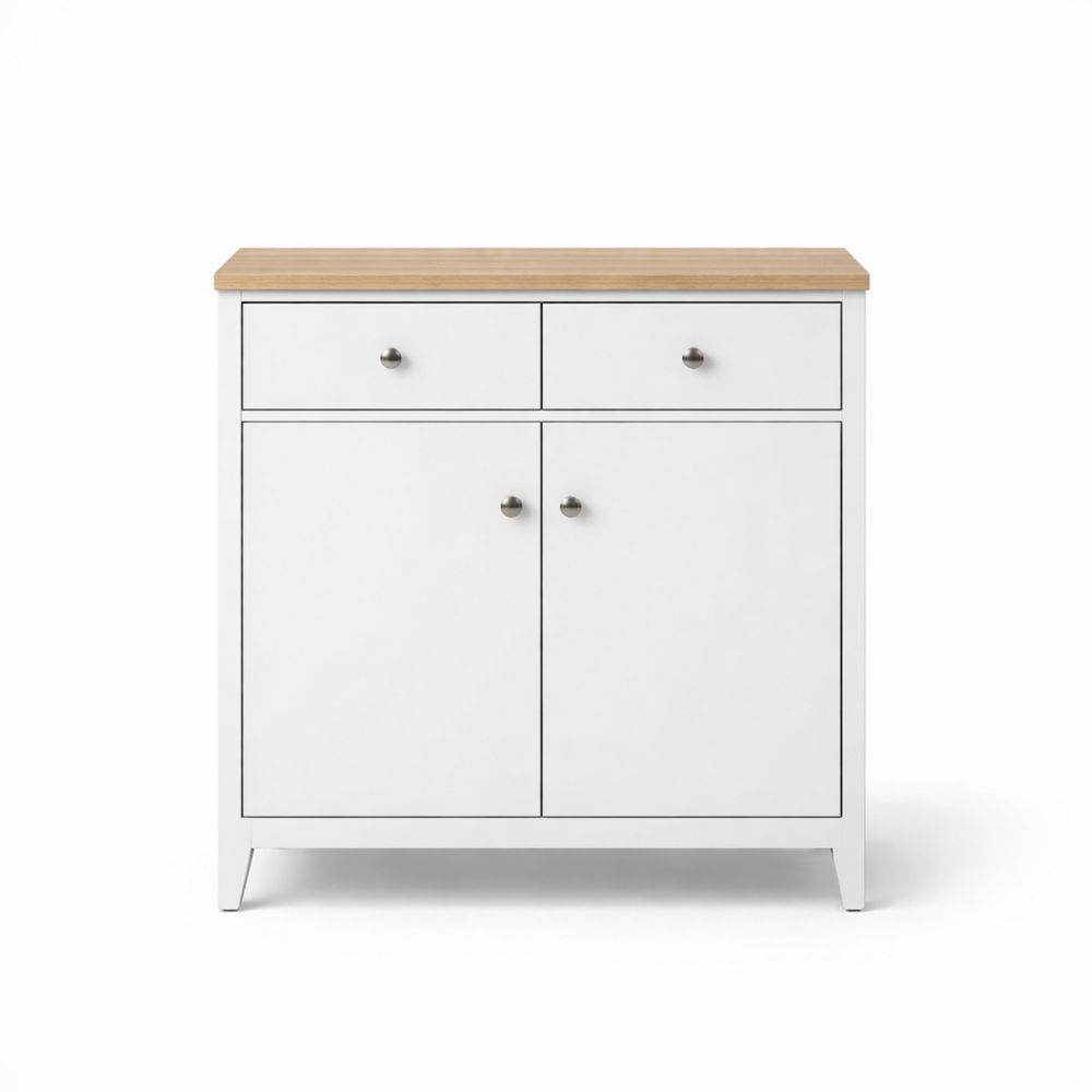 White Wooden Sideboard with Oak Veneer Top and Storage Cabinets 80cm-Dravimorax