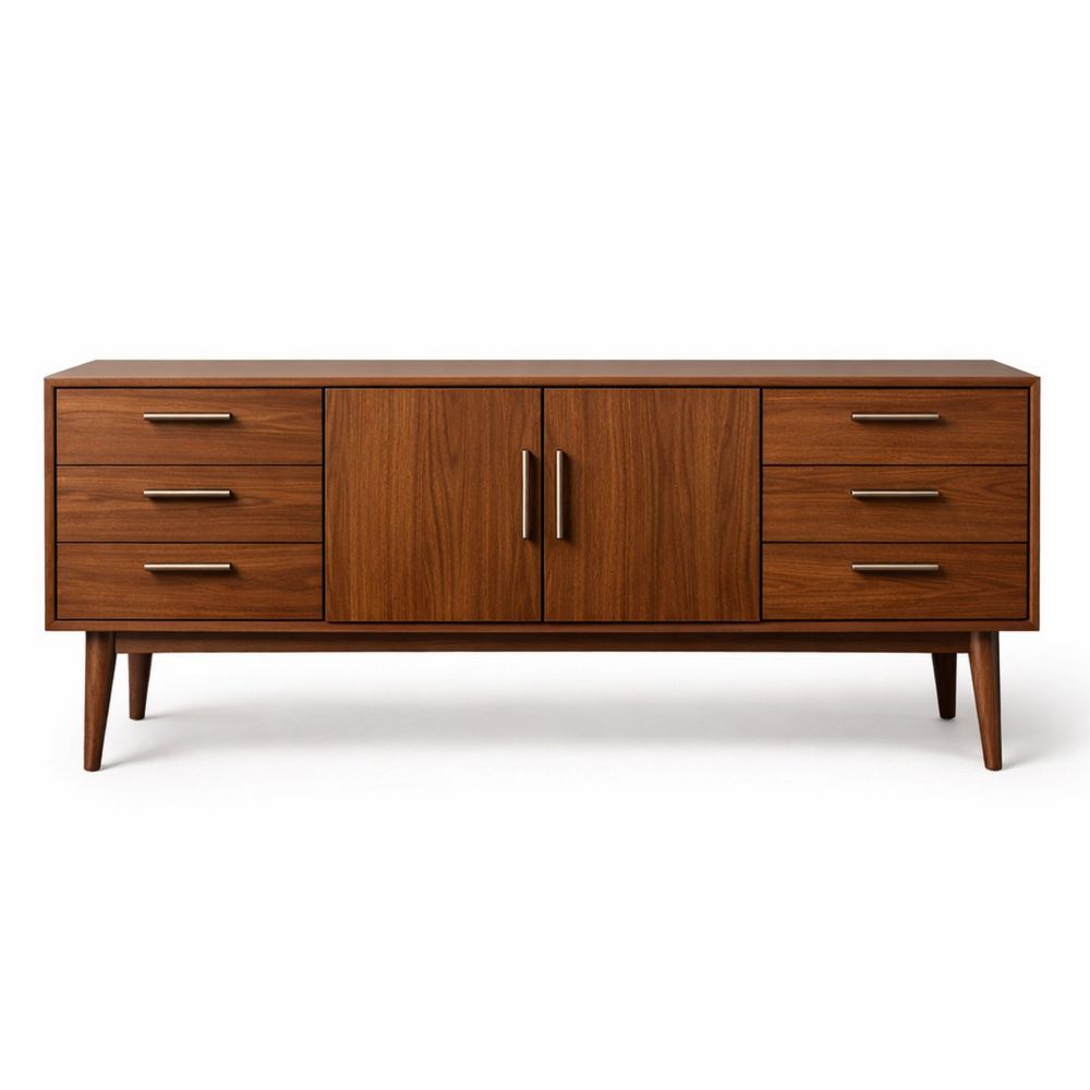 Walnut Wooden Sideboard with Six Drawers and Two Doors-Dravimorax