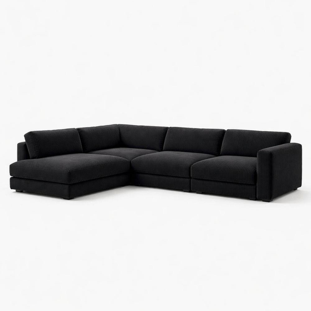 Black Corduroy L-Shaped Sectional Sofa Set with Cushions 350cm x 260cm-Dravimorax