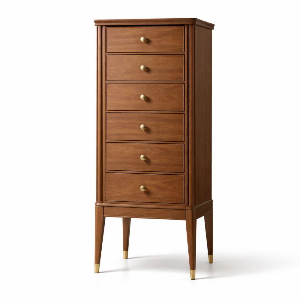 Wooden Tall Dresser with Six Drawers and Brass Handles-Dravimorax