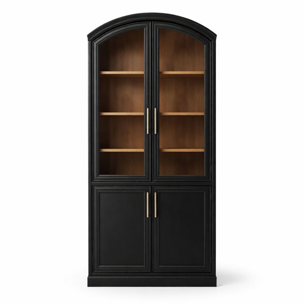 Black Arched Wood Display Cabinet with Glass Doors-Dravimorax