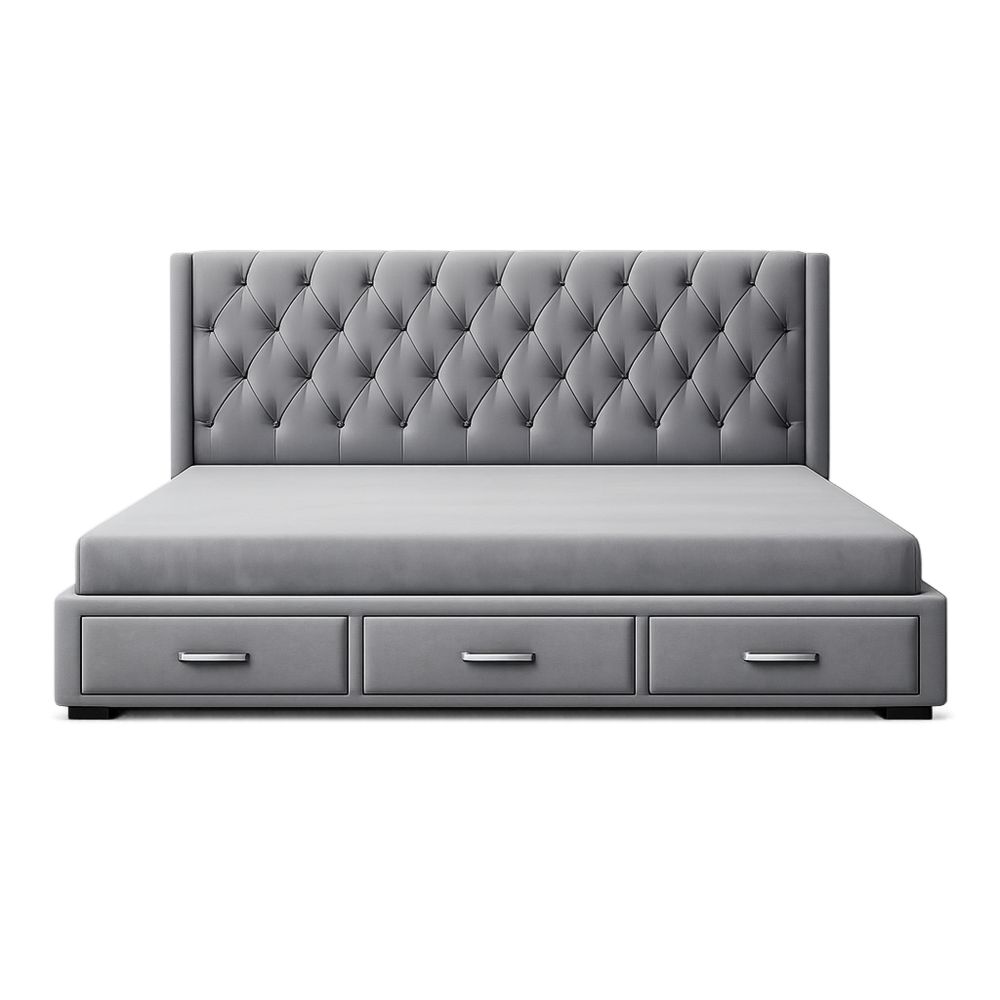 Gray Upholstered Bed with Storage Drawers and Tufted Headboard-Dravimorax