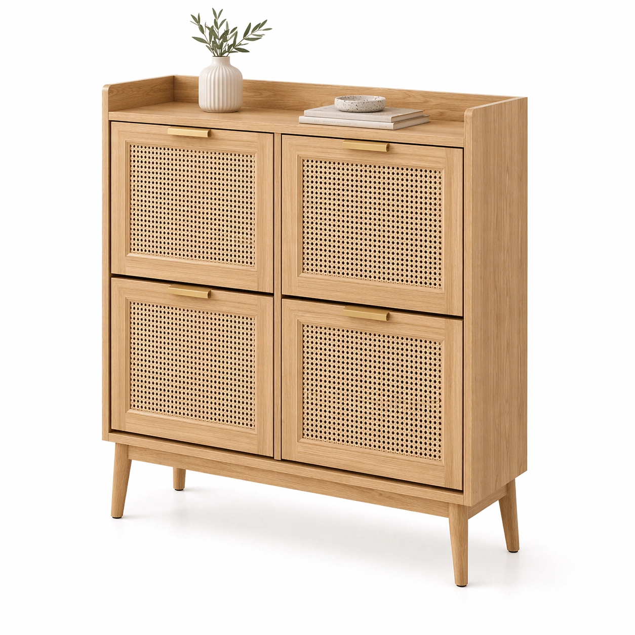 Sideboard Holz Natur Rattan Vier Tueren-qerlivo