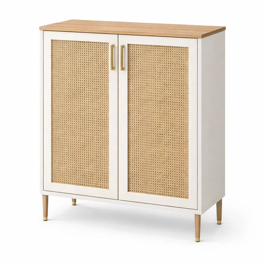 Schuhschrank Holz Weiss Rattan Tueren-qerlivo