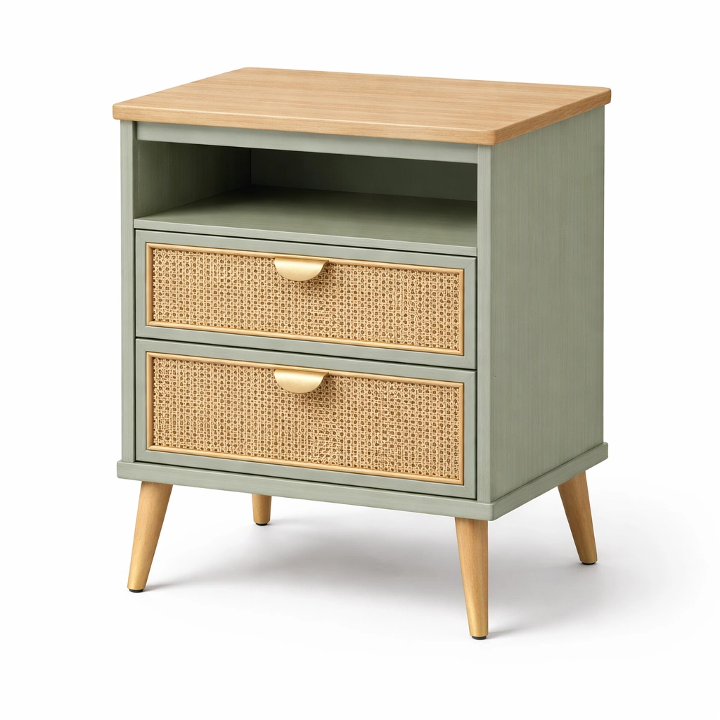 Nachttisch Holz Rattan Zwei Schubladen-qerlivo