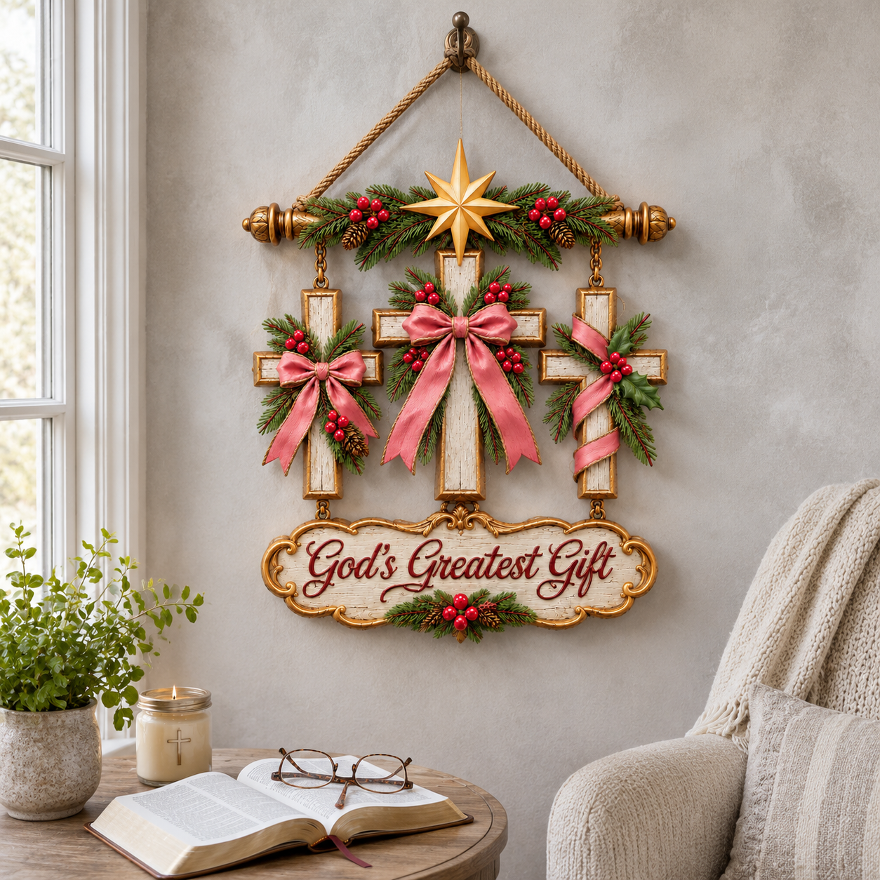 God’s Greatest Gift Lighted Christmas Triple Cross Wall Hanging with Remote