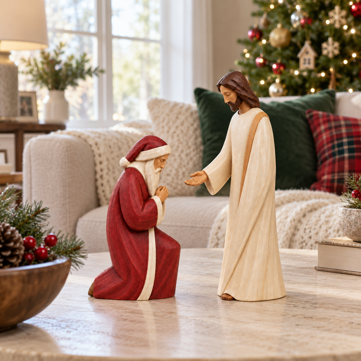 Santa Kneels Before Jesus Christmas Figurine Set