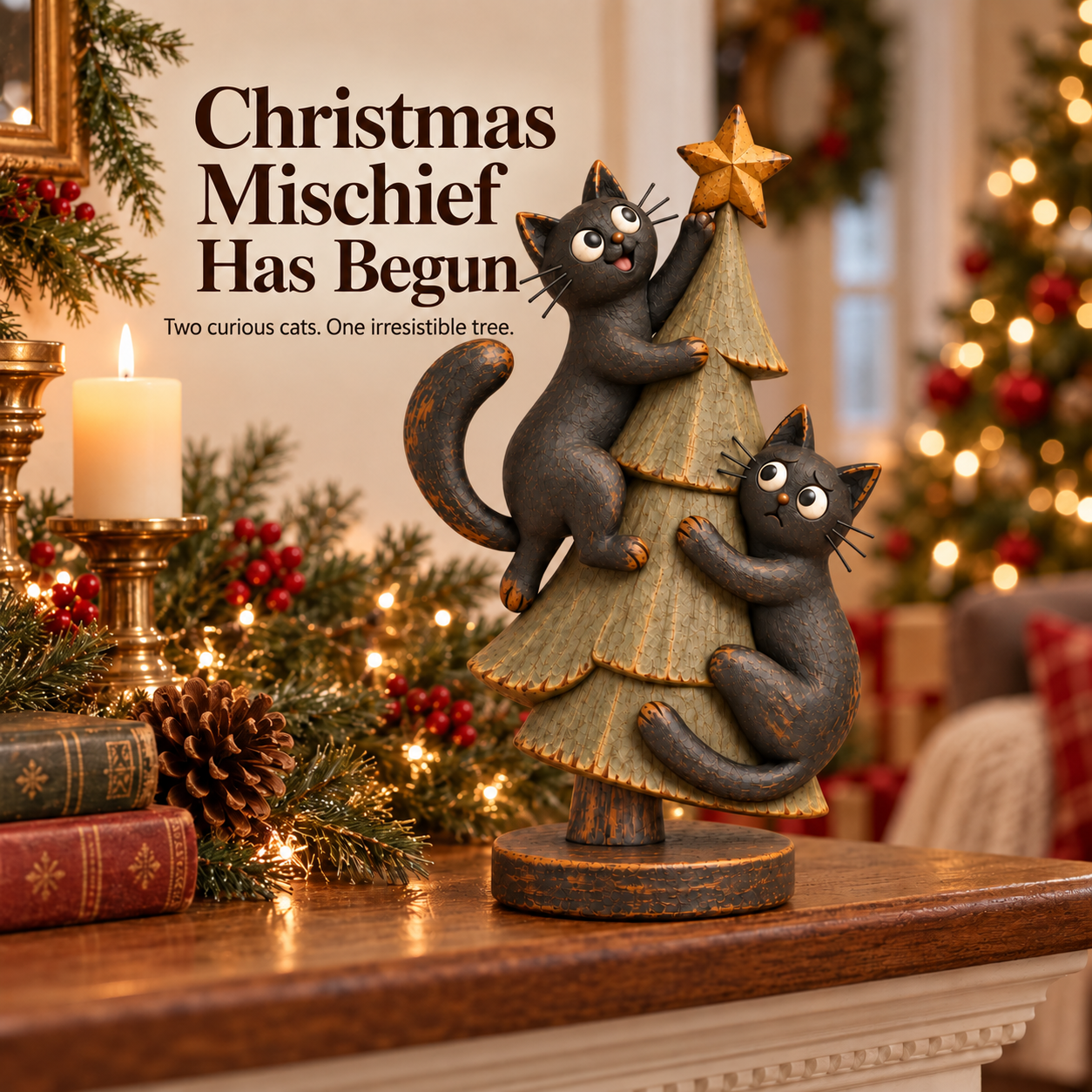 Mischievous Black Cats Christmas Tree Figurine