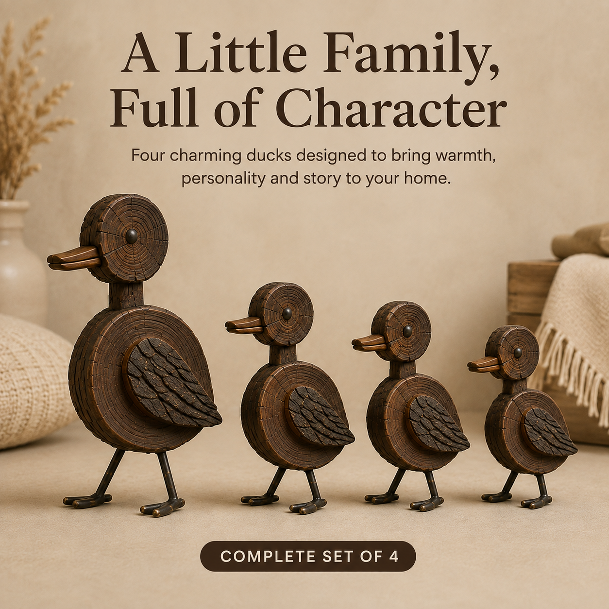 4Pcs Rustic Woodgrain Duck Family Figurines