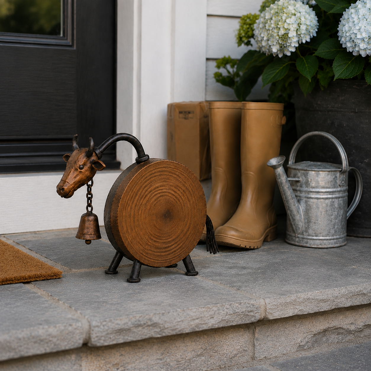 Rustic Wood-Look Farmhouse Cow Sculpture