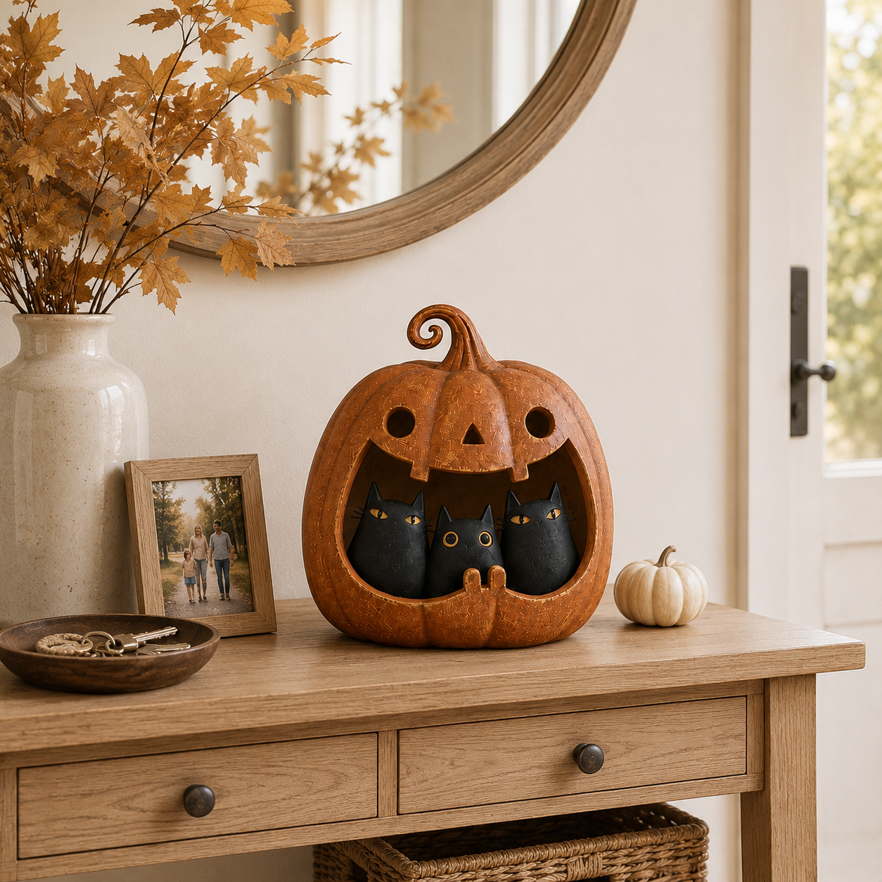 Three Mischief Cats Lighted Pumpkin