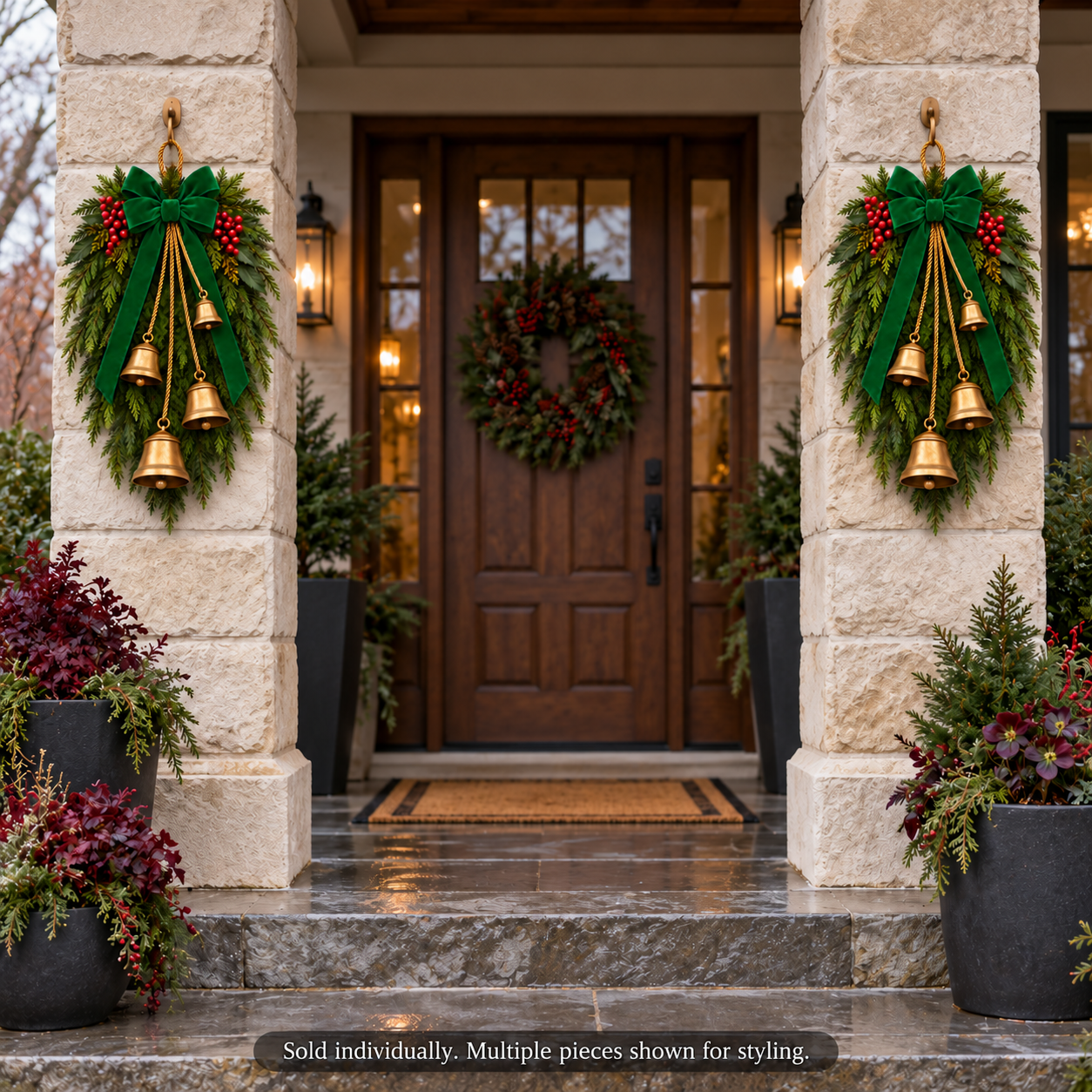 Green Velvet Bow & Four-Bell Christmas Swag