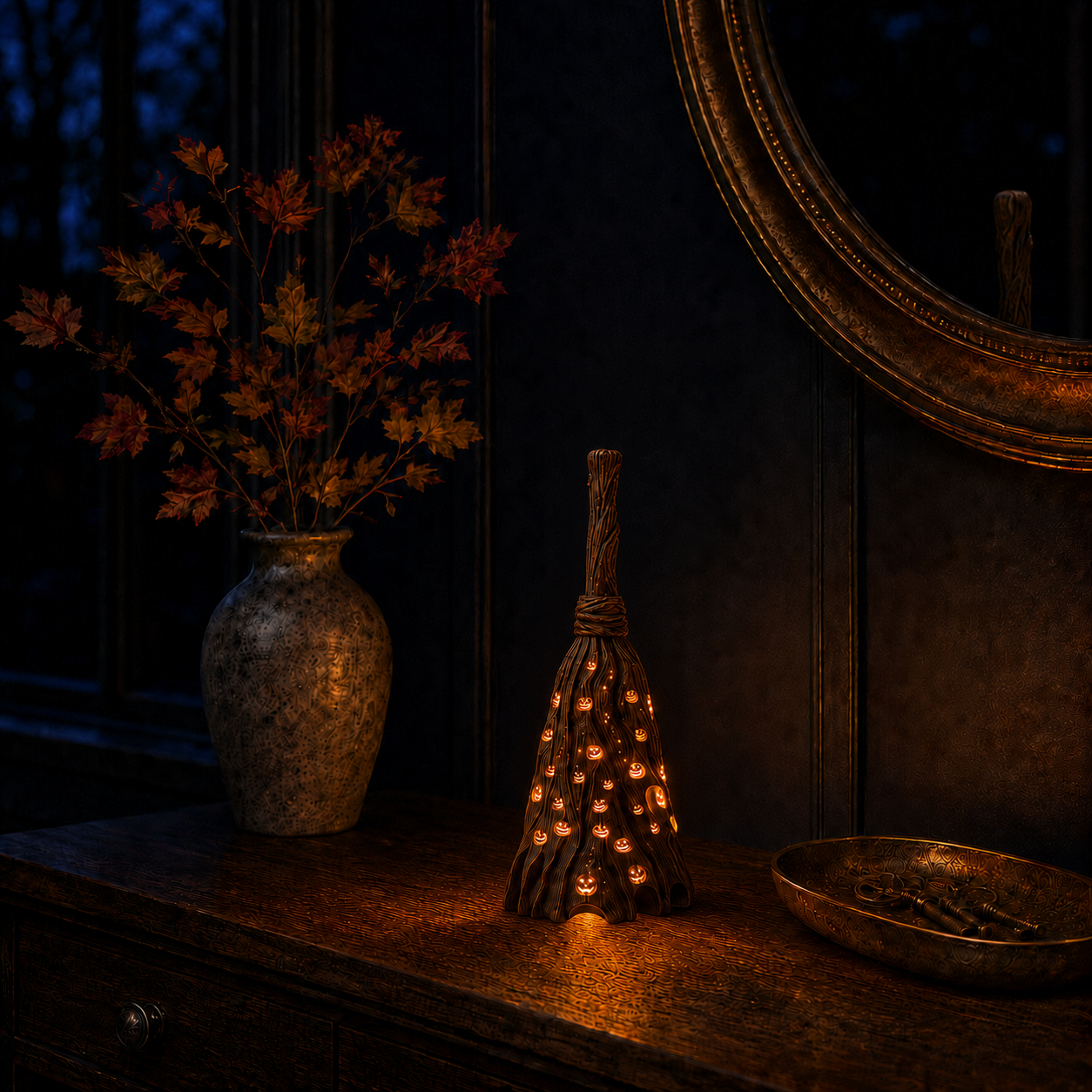Lighted Pumpkin Broom Resin Figurine