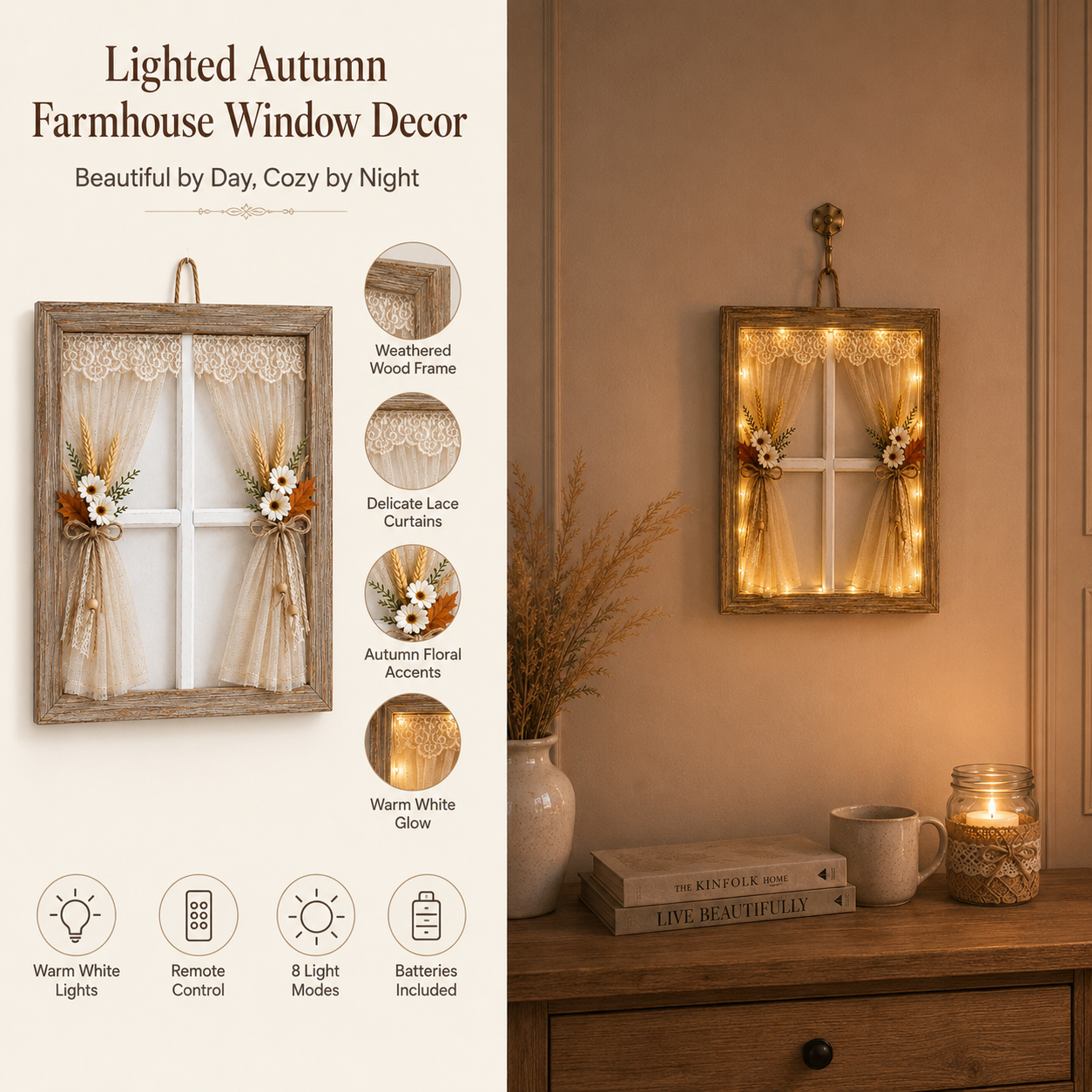 Lighted Autumn Farmhouse Window Decor