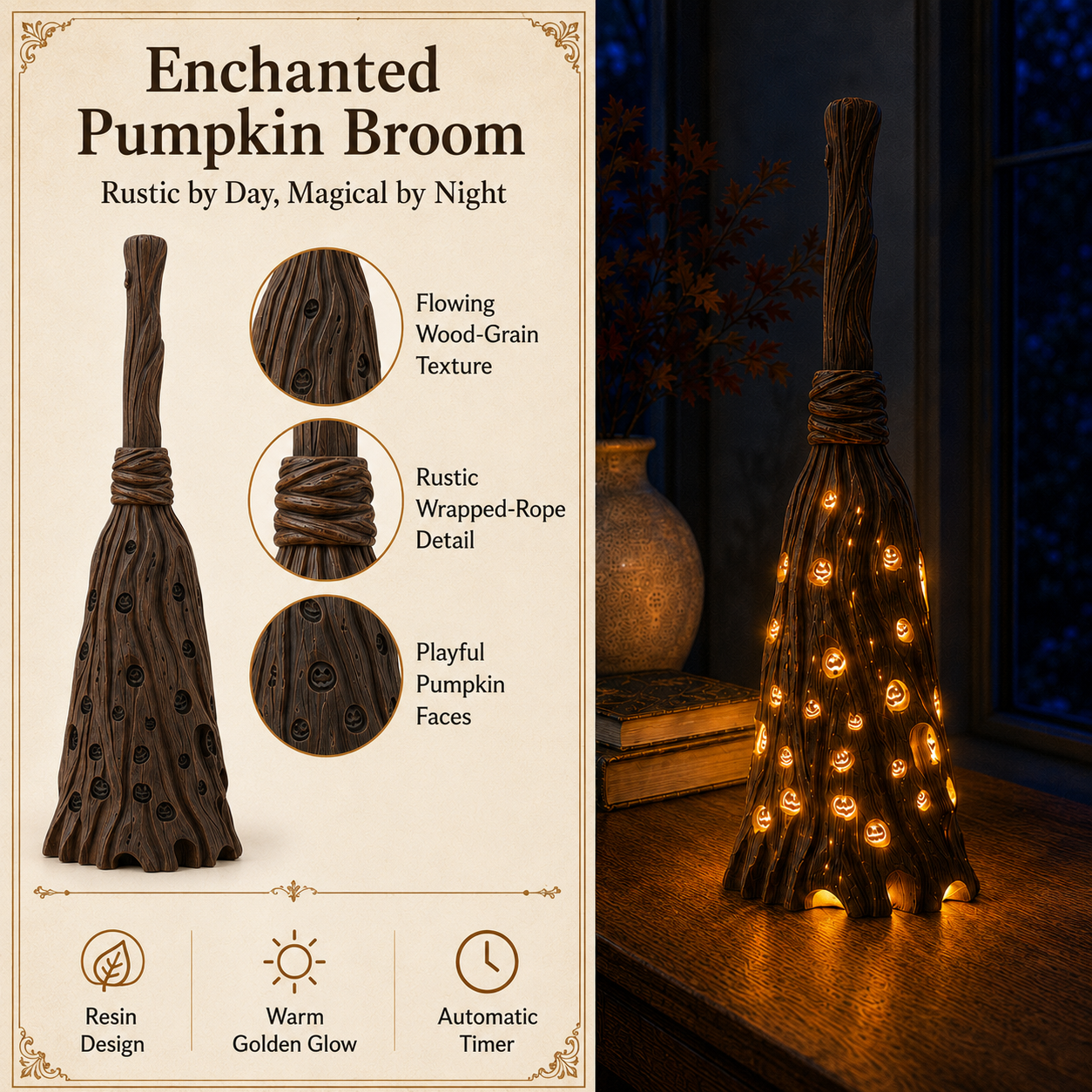 Lighted Pumpkin Broom Resin Figurine