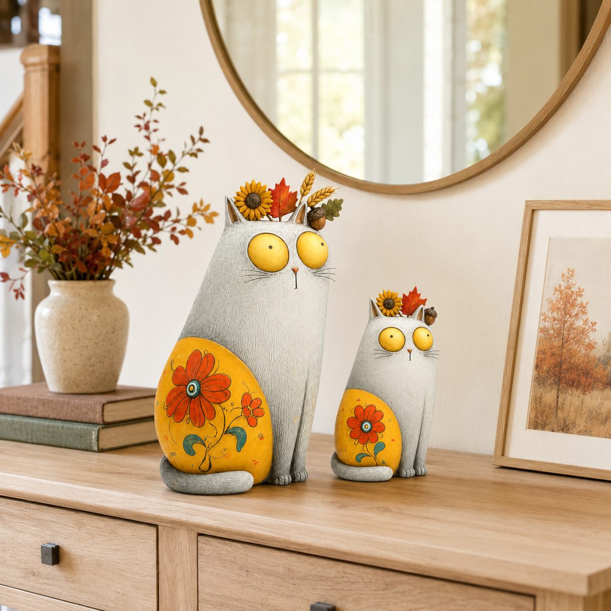 Autumn Bloom Cat Figurine Set