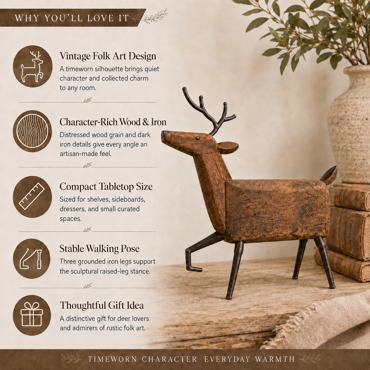 Heirloom-Inspired Wood & Iron Walking Deer Tabletop Decor