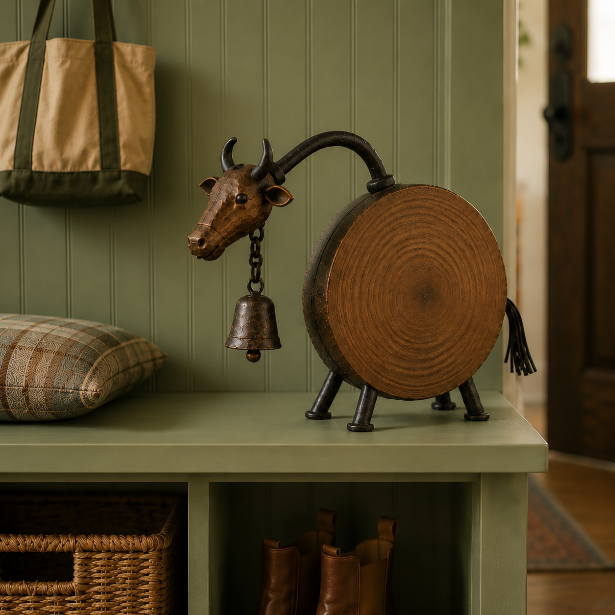 Rustic Wood-Look Farmhouse Cow Sculpture