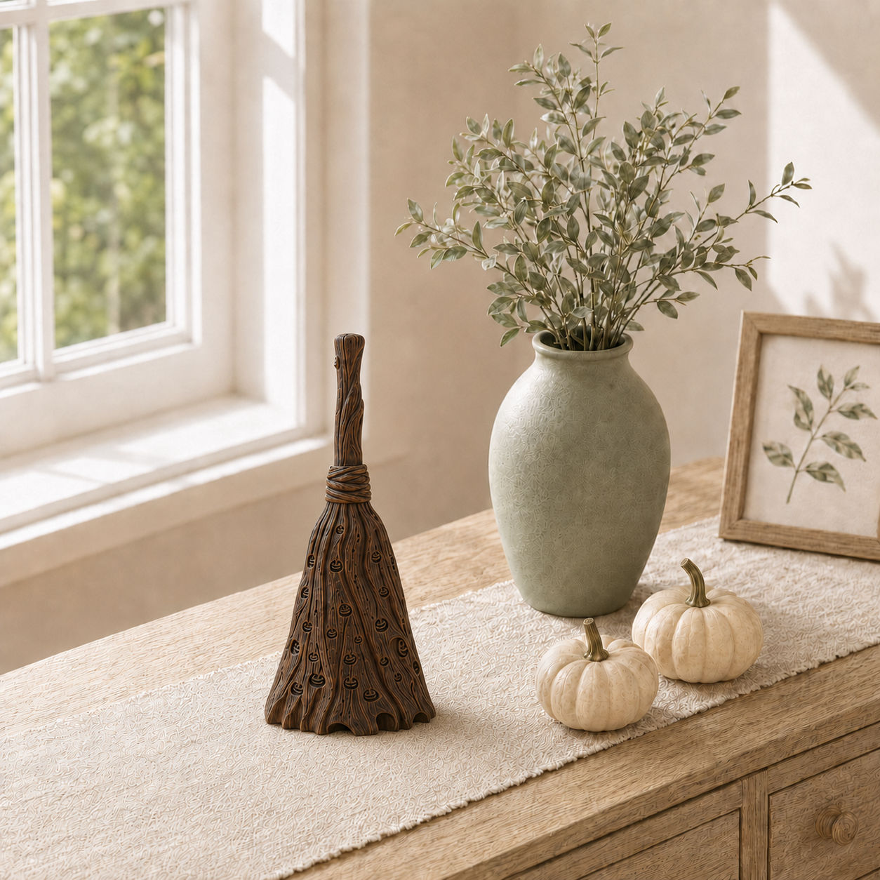 Lighted Pumpkin Broom Resin Figurine
