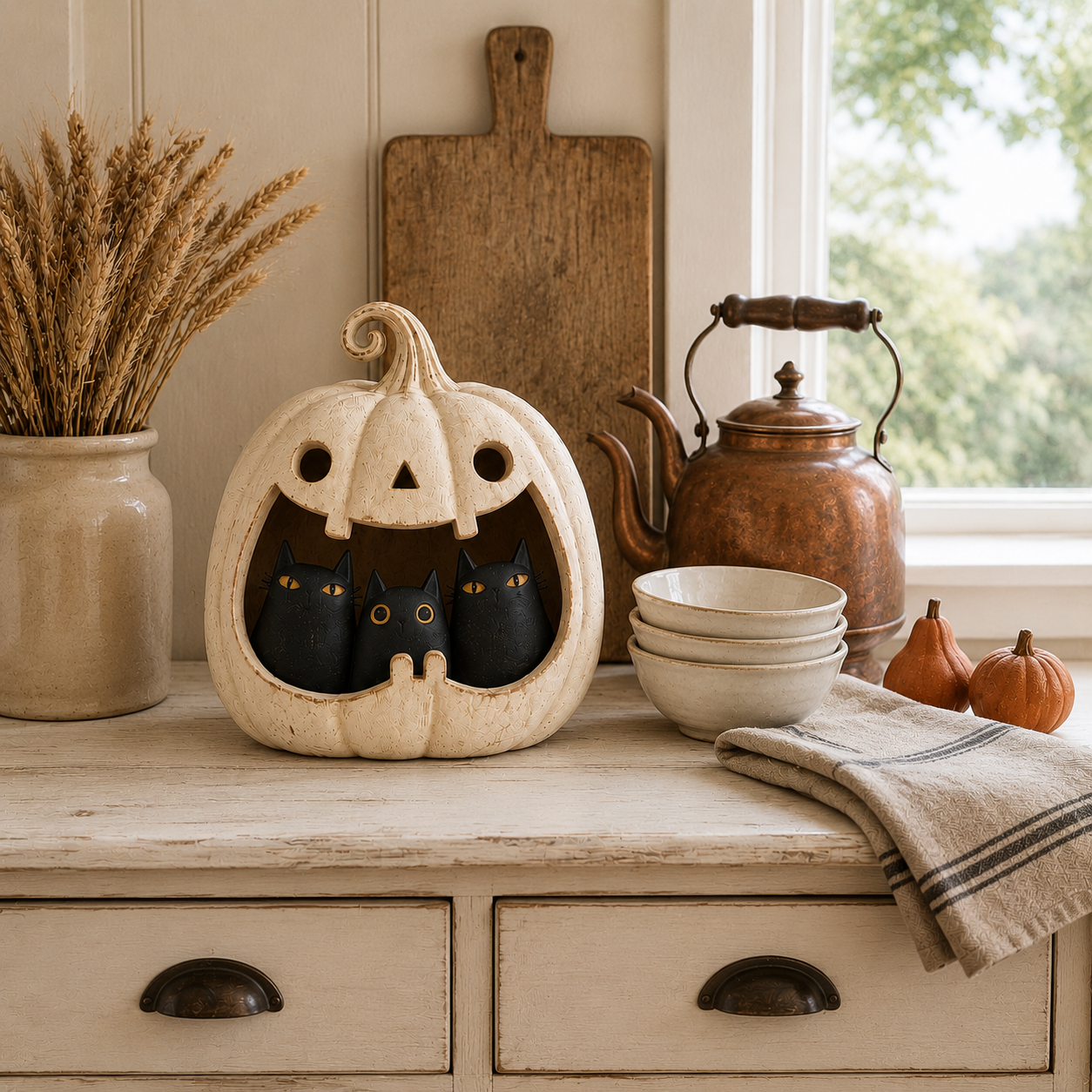Three Mischief Cats Lighted Pumpkin