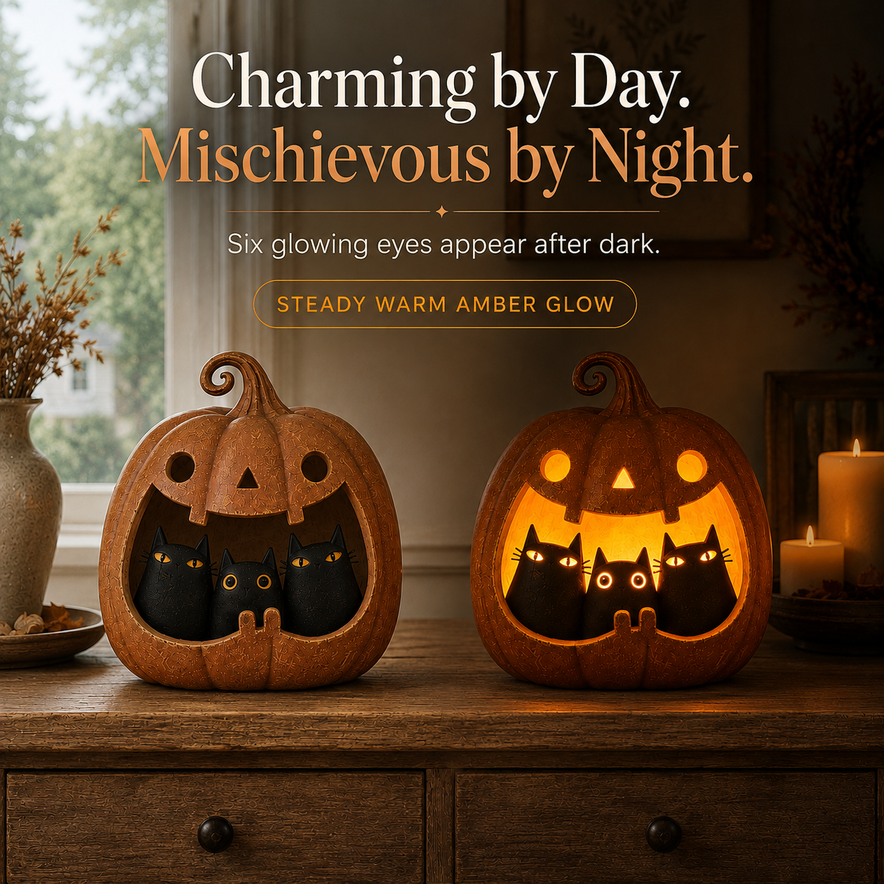 Three Mischief Cats Lighted Pumpkin