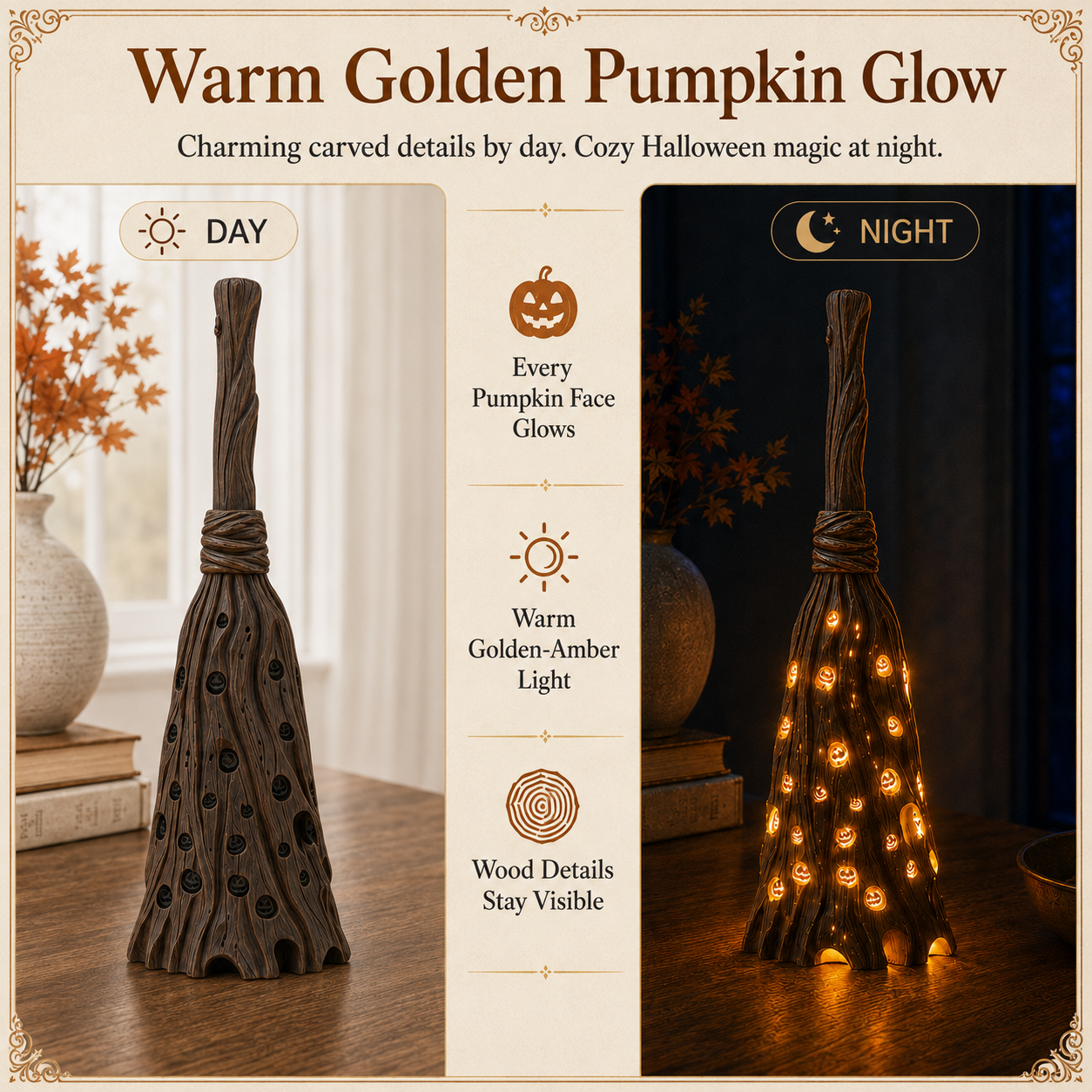 Lighted Pumpkin Broom Resin Figurine