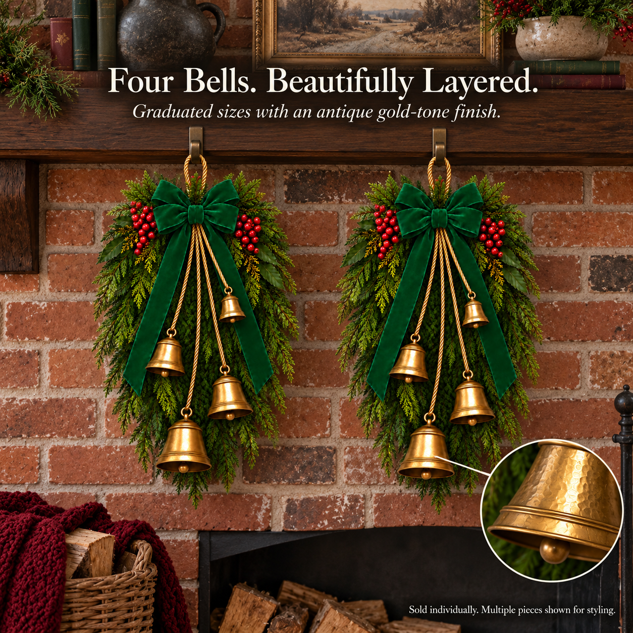 Green Velvet Bow & Four-Bell Christmas Swag