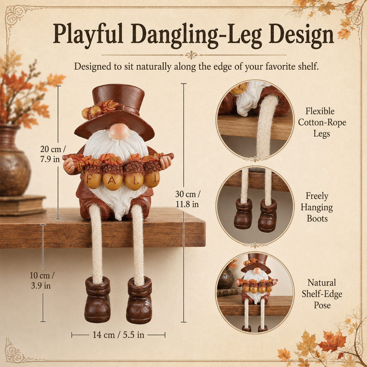 Fall Harvest Gnome Shelf Sitter with Dangling Legs