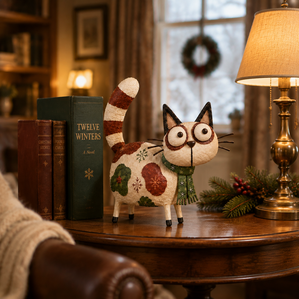 Whimsical Wide-Eyed Christmas Cat Figurine