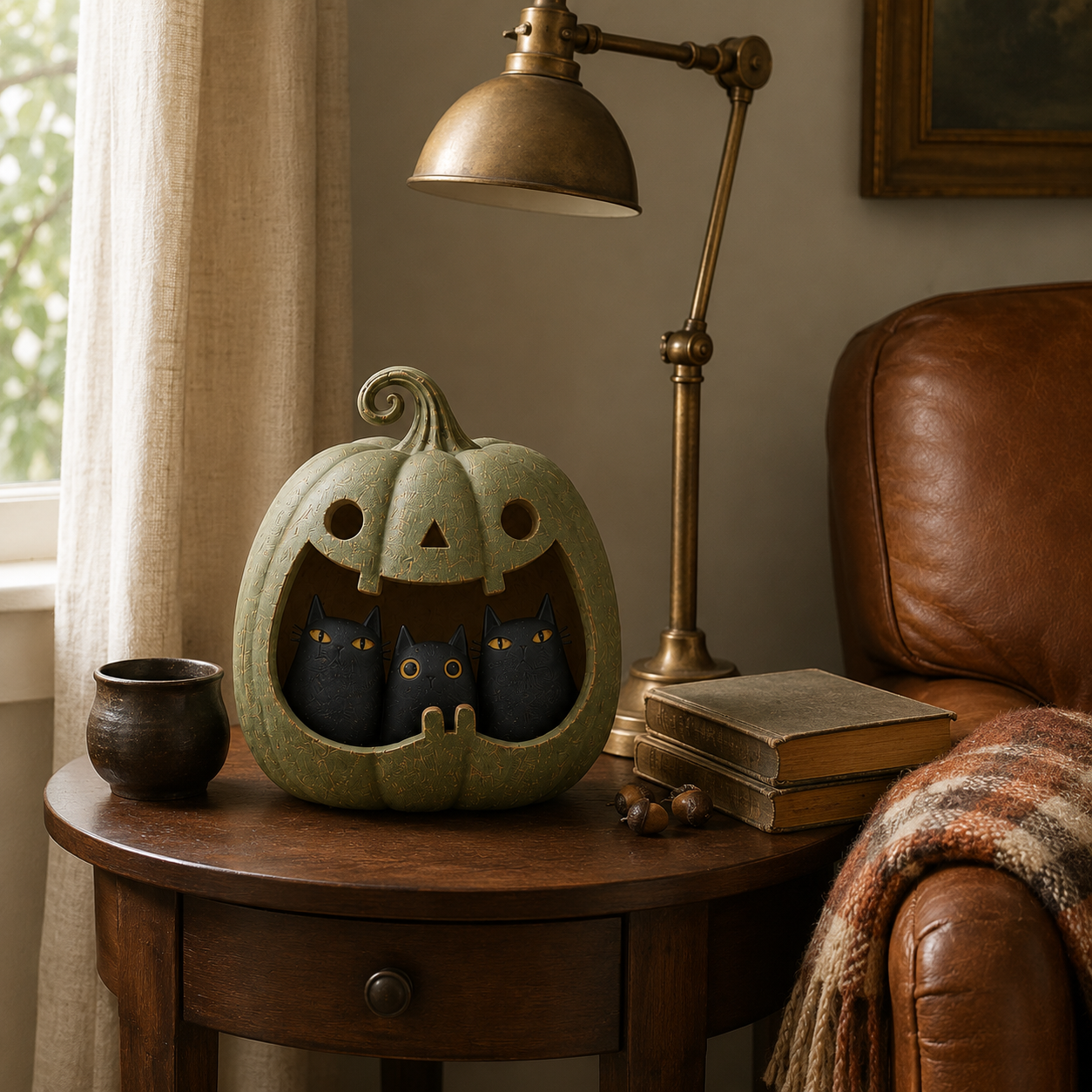 Three Mischief Cats Lighted Pumpkin