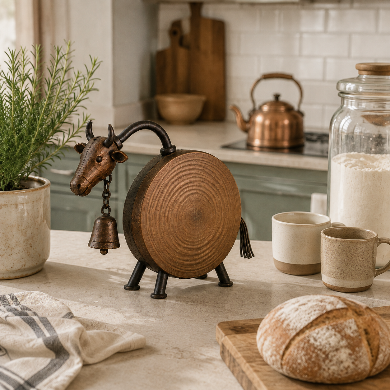 Rustic Wood-Look Farmhouse Cow Sculpture