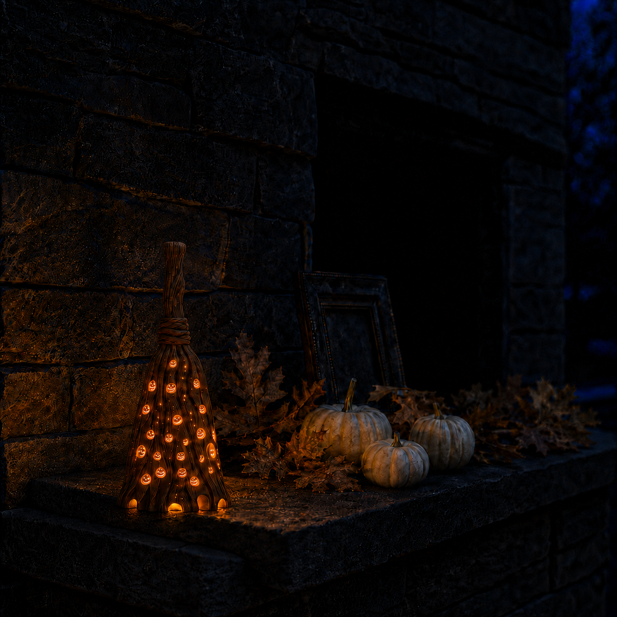 Lighted Pumpkin Broom Resin Figurine