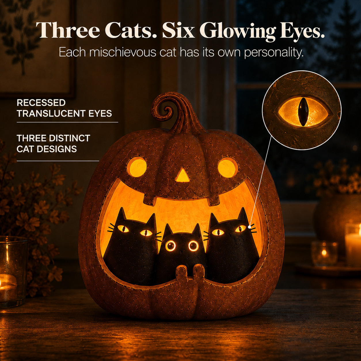 Three Mischief Cats Lighted Pumpkin