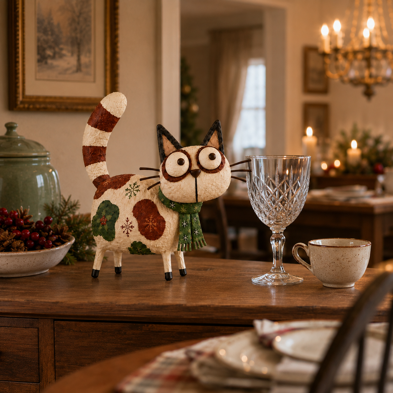 Whimsical Wide-Eyed Christmas Cat Figurine