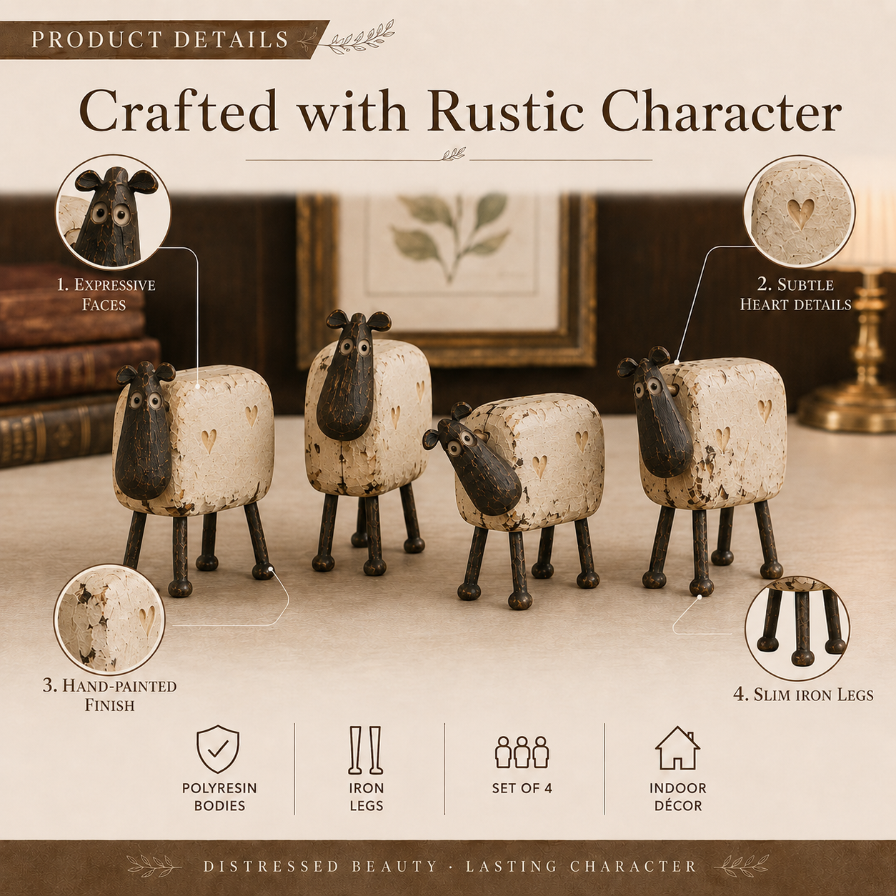 4Pcs Rustic Farmhouse Sheep Figurine Set