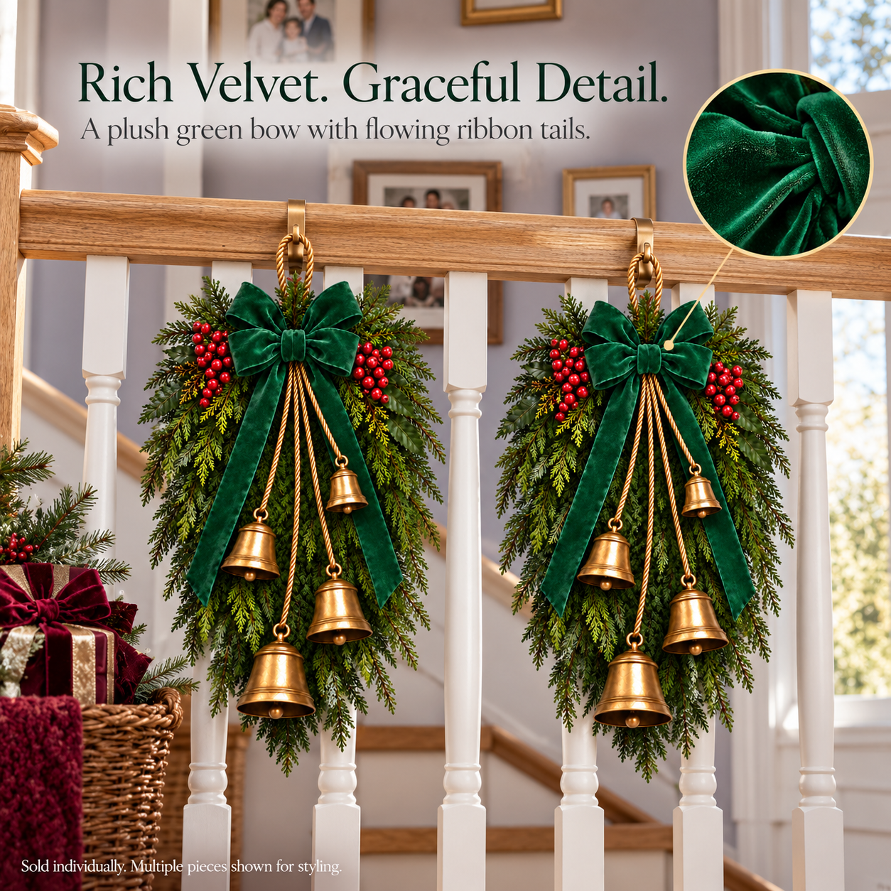 Green Velvet Bow & Four-Bell Christmas Swag