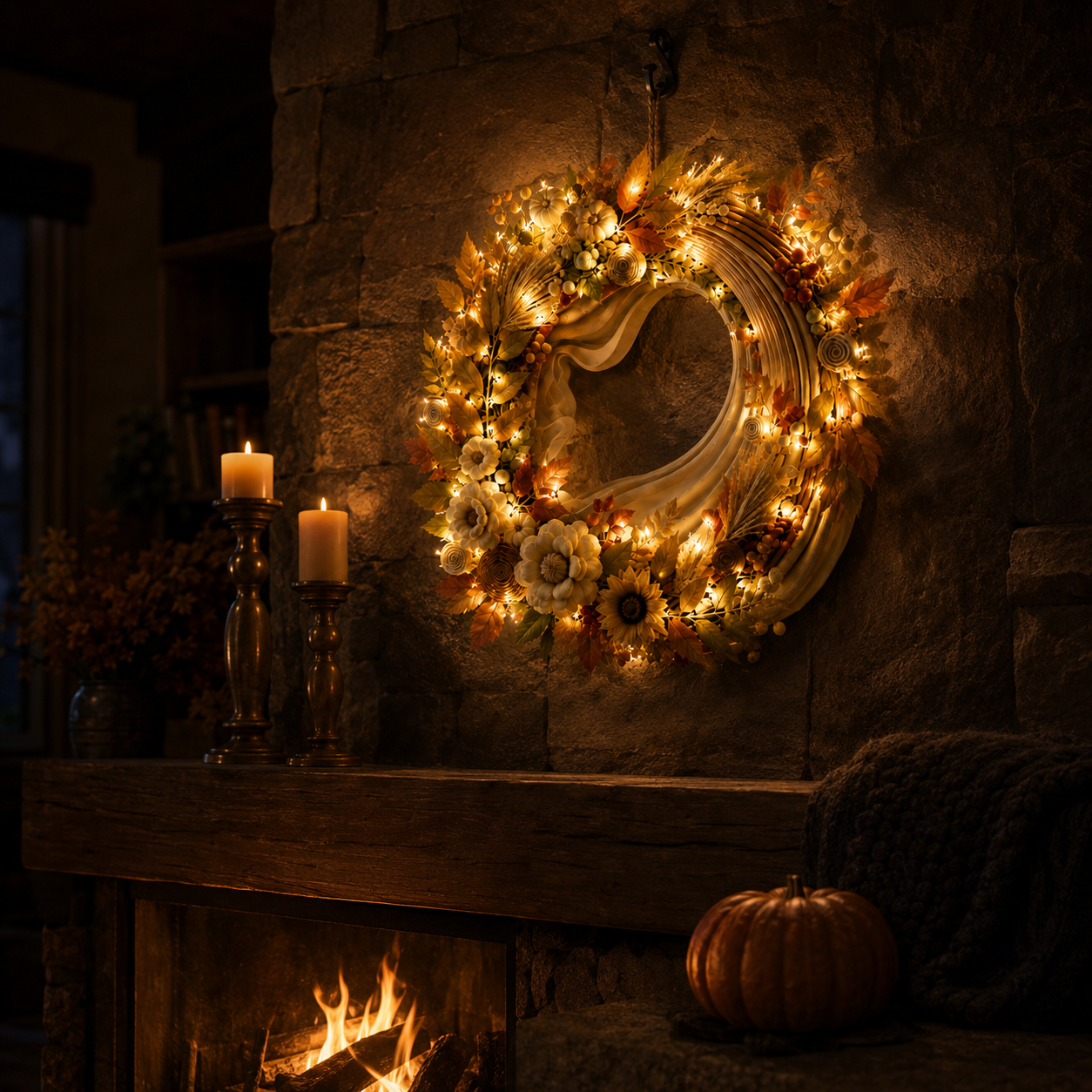 Lighted Pumpkin Harvest Wreath