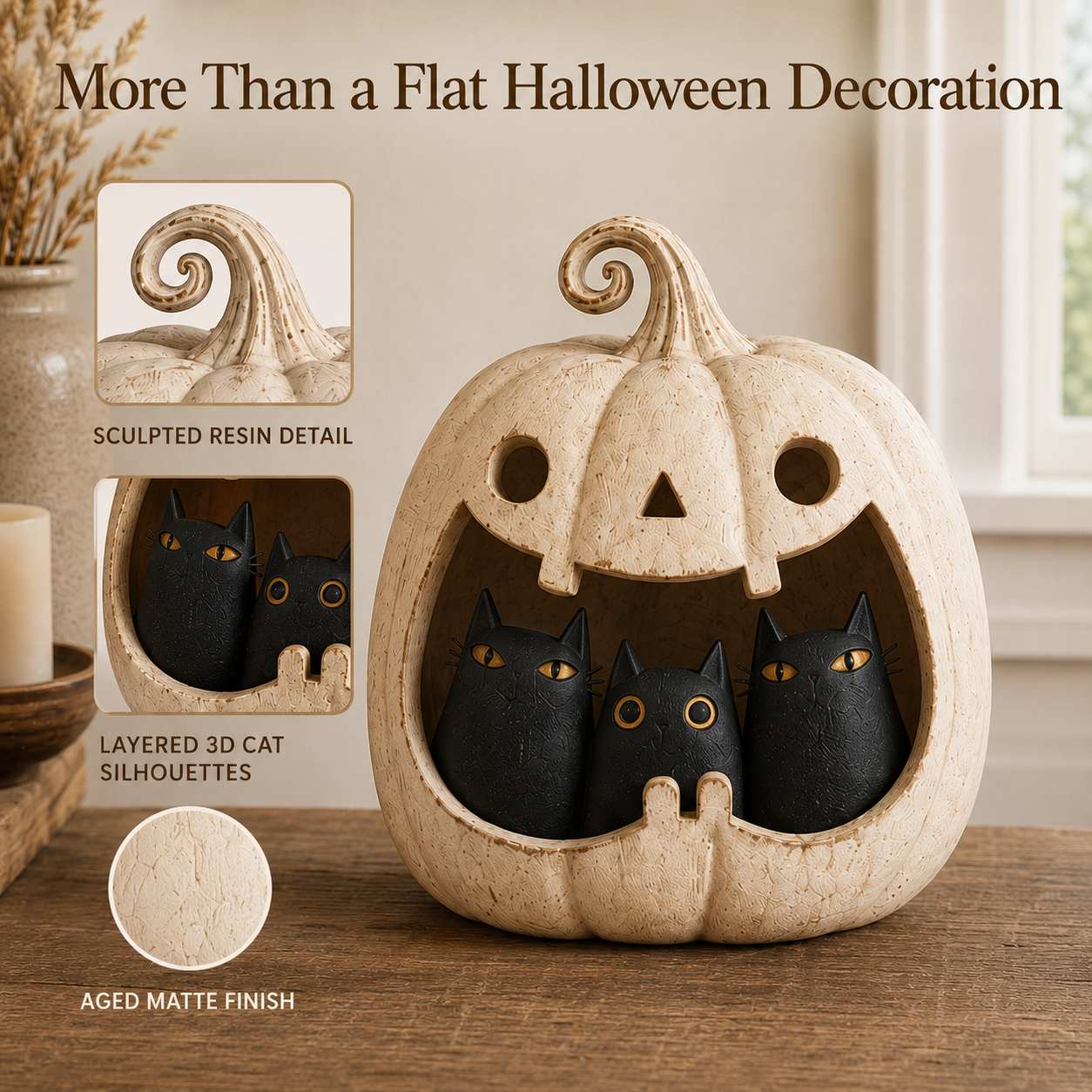 Three Mischief Cats Lighted Pumpkin