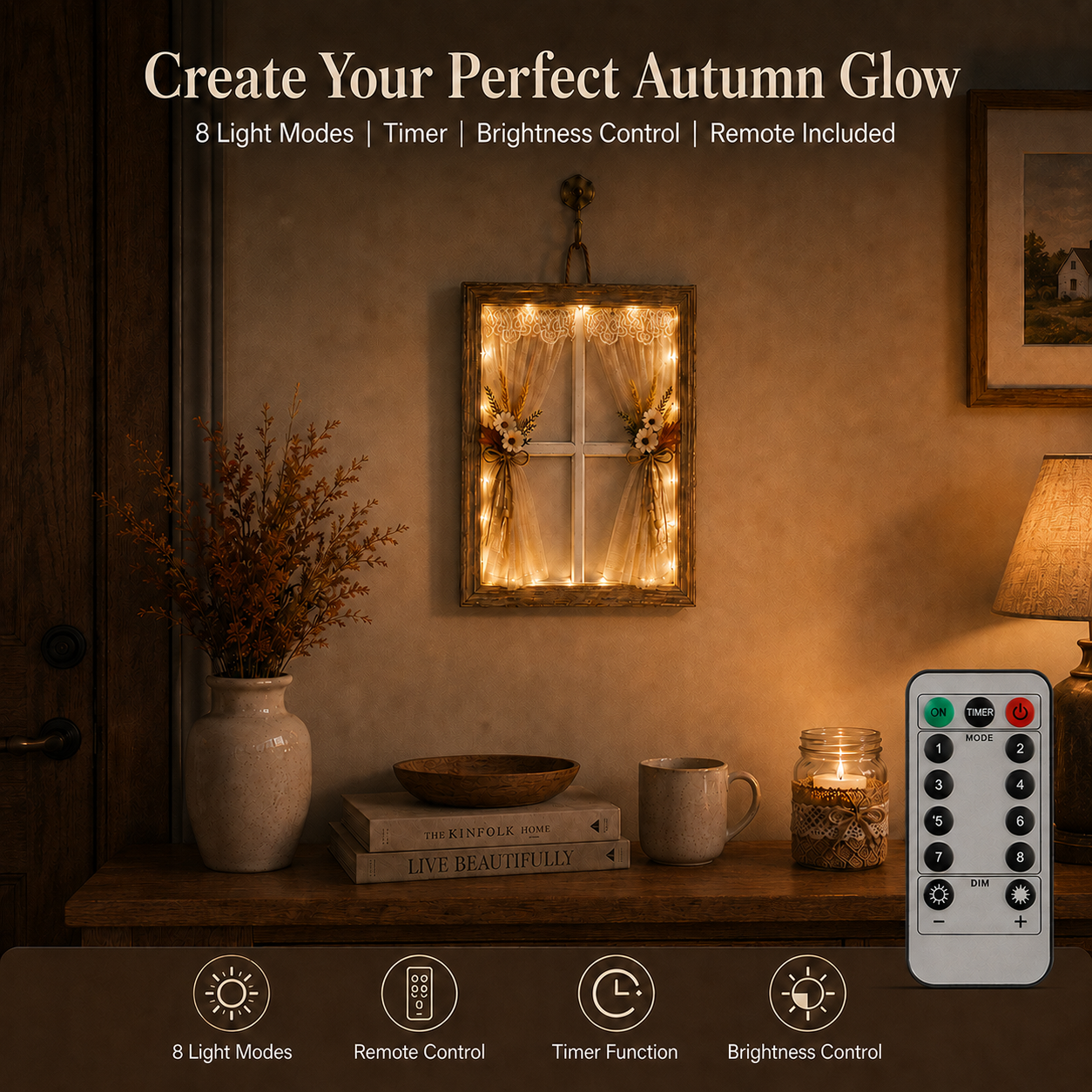 Lighted Autumn Farmhouse Window Decor