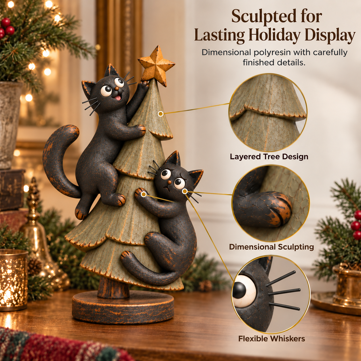 Mischievous Black Cats Christmas Tree Figurine